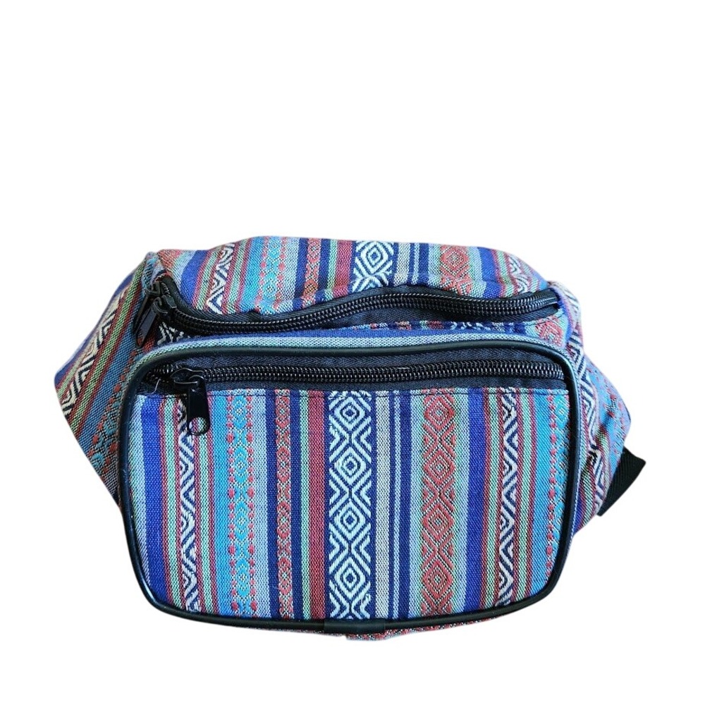 Sojourner Bags Woven Cotton Fanny Pack Blue Geometric Tribal Festival Waist Bag